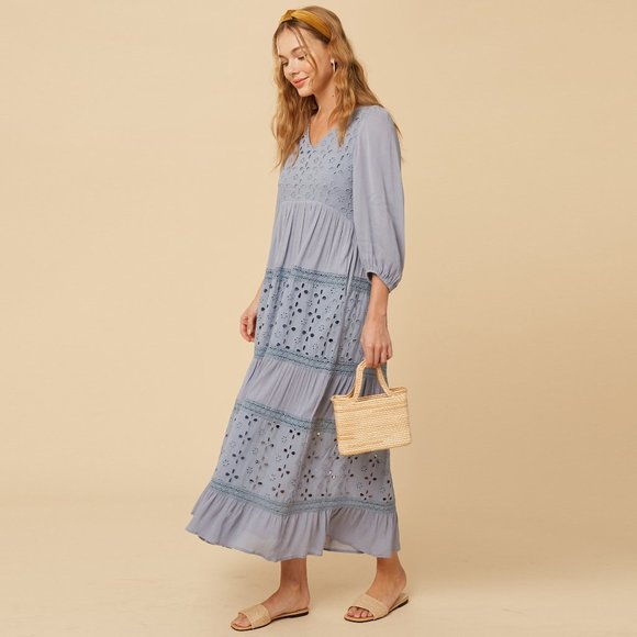 Listicle Misty Blue Maxi Dress NWT • Rayon Long Sleeve Boho Textured Embroidered - Picture 9 of 13
